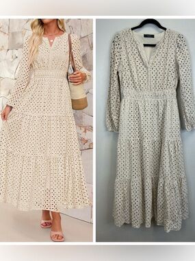 Cottagecore Boho Cream Tiered Eyelet V-Neck Maxi Dress Size S Prairie Ruffle
